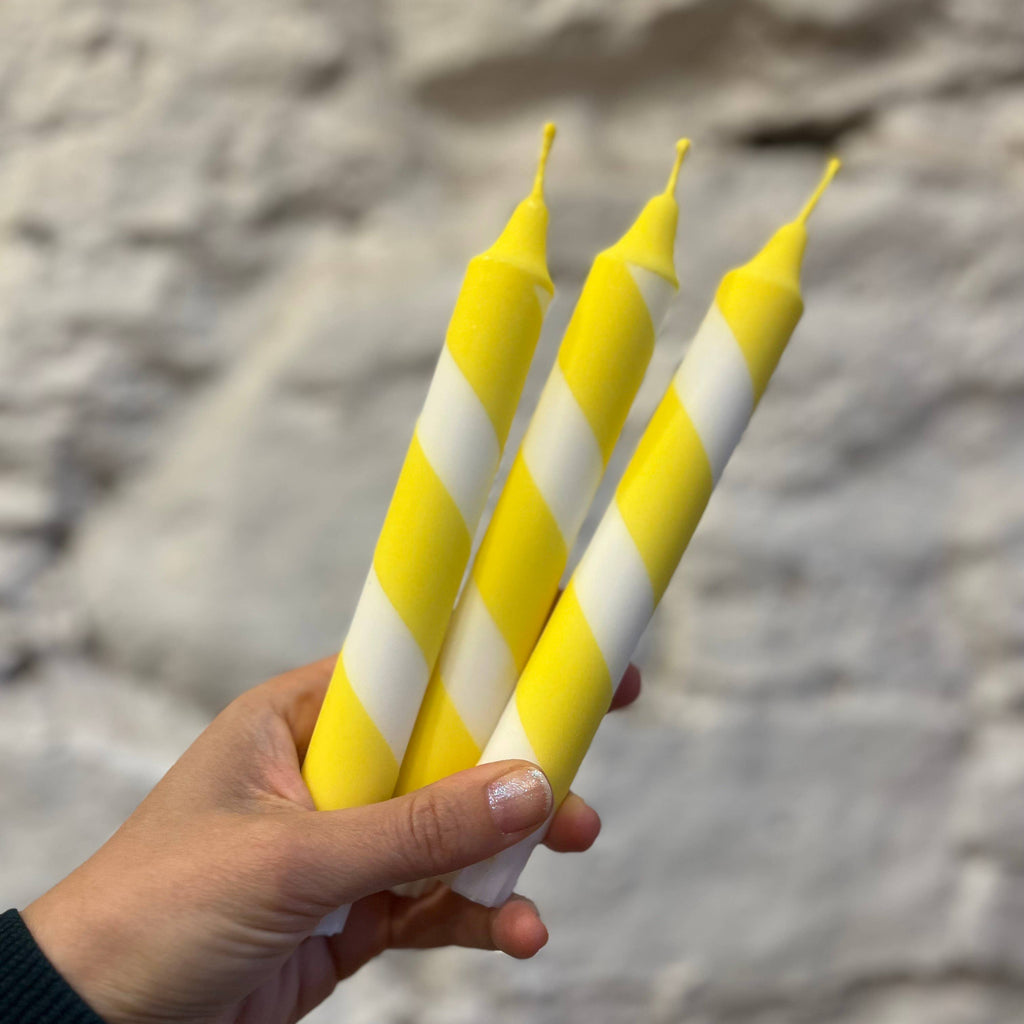 Sunny Yellow & White Helter Skelter Taper Candle