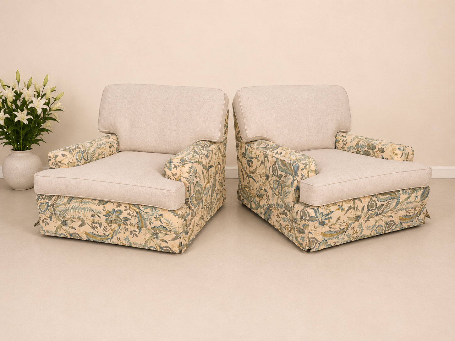 Pair of Vintage 1970s Lounge Chairs New Cushions Original Sanderson Suva